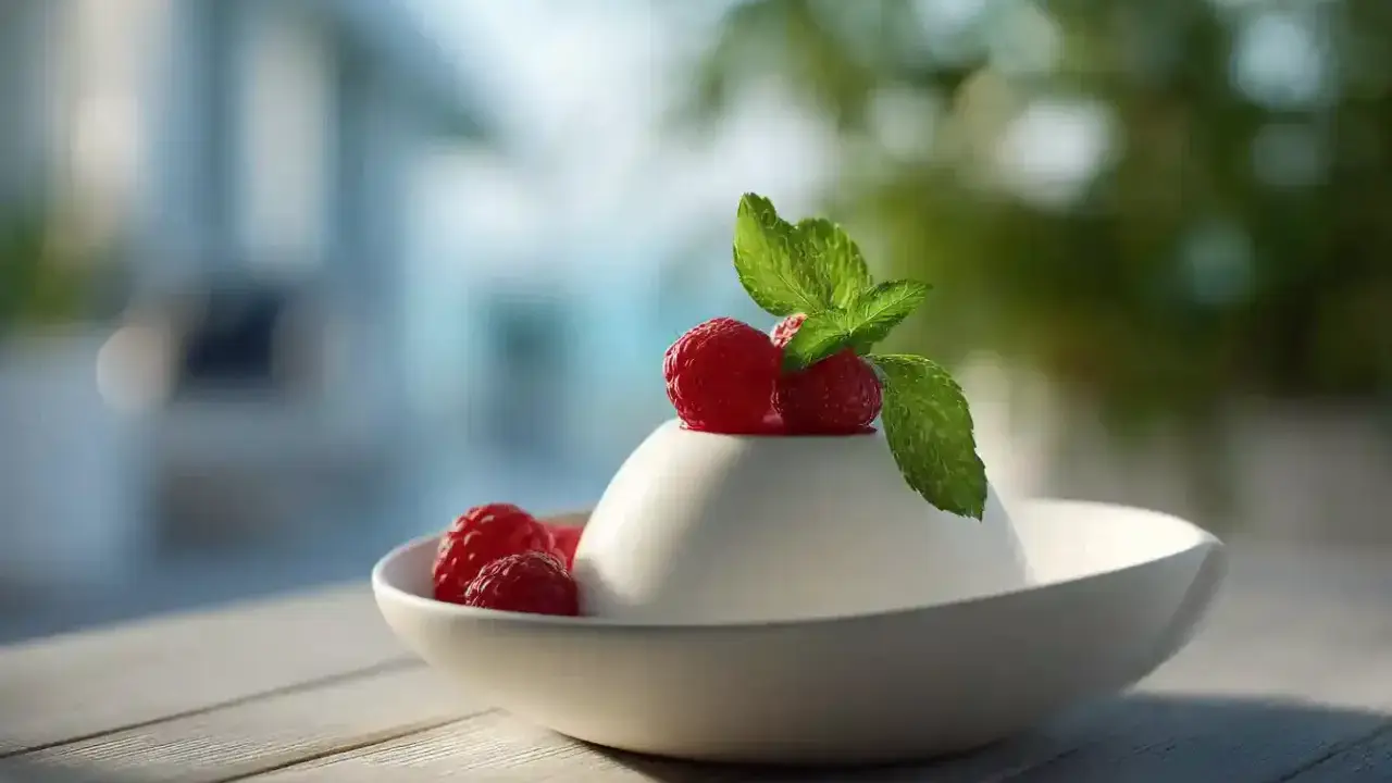 Délicieuse panna cotta blanche, garnie de framboises fraîches et d'une feuille de menthe, sur une table en bois.