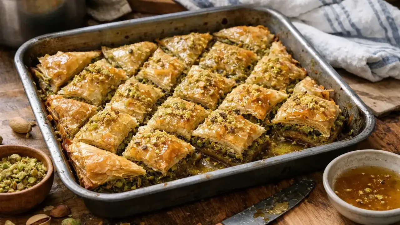 Un plateau de baklava maison, doré et croustillant, garni de pistaches concassées. Une délicieuse recette de baklava à partager.