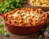 Un plat de lasagne gratinée, parfait pour 8 personnes, avec des feuilles de basilic frais.