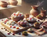 Douceurs colorées, idéales pour une loukoum recette. Pistaches, pétales de rose et poteries d'argile complètent cette scène gourmande.