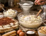 Préparation d'un tiramisu : on tamise de la farine sur un mascarpone trop liquide. Des biscuits à la cuillère, des œufs et du cacao sont disposés autour.