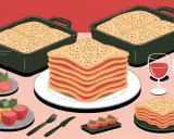 Que faire avec 4 feuilles de lasagne ? Une pile de lasagnes appétissantes, deux plats au four, des amuse-bouches et du vin rouge.