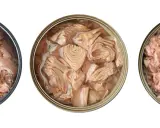 Trois boîtes de thon ouvertes : une avec des morceaux entiers, une avec des morceaux plus petits, et une émiettée. Idéal pour une recette thon en boite rapide.