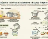 Recette ricotta maison : lait, citron, sel. Chauffer, cailler, égoutter. Conserver 2-4 jours. Déguster sur toasts, pâtes, dessert.