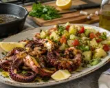 Délicieux poulpe au barbecue, grillé à la perfection, servi avec une salade de pommes de terre, tomates et câpres. Un vrai régal !
