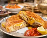 Un délicieux brick à l'oeuf, garni de thon et de pommes de terre, coule de sa sauce onctueuse. Servi avec du citron et une sauce piquante.