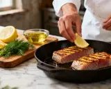Un chef ajoute une tranche de citron sur du thon frais grillé dans une poêle. Une recette simple et savoureuse.