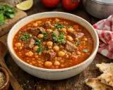 Un bol de chorba frik recette, une soupe réconfortante aux morceaux de viande, pois chiches et herbes fraîches, accompagnée de pain.