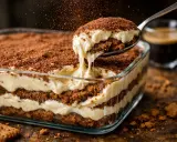 Une cuillère de tiramisu crémeux, saupoudré de cacao, sort d'un plat en verre. Des biscuits tiramisu sont à côté.