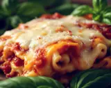 Lasagnes gratinées au fromage fondant, prêtes à être réchauffer au four. Une touche de basilic frais pour parfaire ce plat réconfortant.