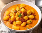 Gnocchi crémeux baignant dans une sauce onctueuse, parsemés de morceaux savoureux de chorizo et d'herbes fraîches. Un délice réconfortant.