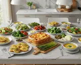 Un festin italien avec une lasagne dorée, des salades fraîches, des légumes croquants et des toasts à l'ail. Un accompagnement lasagne parfait pour un repas convivial.