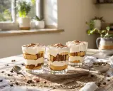 Trois verrines de tiramisu sans mascarpone, joliment superposées, saupoudrées de cacao.