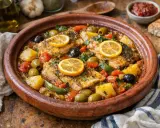 Un savoureux tajine de poisson aux olives, tomates, pommes de terre et rondelles de citron, garni de persil frais.