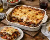 Un plat de moussaka gratinée, prêt à être dégusté. Une portion est servie sur une assiette, accompagnée de pain et d'une salade.