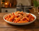Un plat fumant de pâtes penne avec une sauce crémeuse et des rondelles de chorizo épicé, saupoudré de persil frais et de parmesan. Un délice de pâtes au chorizo.
