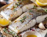 Deux filets de loup de mer cuits, parsemés d'herbes et de poivre, avec des quartiers de citron, de l'ail et de l'huile d'olive.