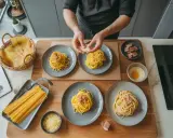 Préparation de la carbonara : des spaghetti sont dressés sur des assiettes, avec du guanciale, des œufs et du parmesan. Quelles pâtes pour carbonara ? Les spaghetti sont parfaits !