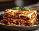 Une part de lasagne à la béchamel, garnie de feuilles de basilic, prête à être dégustée.