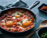 Poêle de shakshuka, un plat savoureux avec des œufs pochés dans une sauce tomate épicée, parfait pour une recette facile.