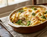 Un plat de cuisson gratin de pâtes fumant, garni de brocolis et de fromage doré, prêt à être dégusté.