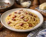 Un plat de spaghetti carbonara, garni de lardons croustillants et de parmesan râpé. Une recette italienne authentique.