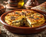 Un délicieux tajine tunisien aux couches savoureuses, servi dans un plat en terre cuite orné. Des œufs frais et des herbes complètent cette scène culinaire.