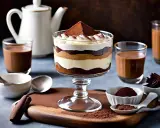 Un délicieux tiramisu en verrine, garni de cacao. Le biscuit pour tiramisu est trempé dans le café, créant des couches gourmandes.