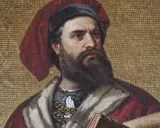 Mosaïque de Marco Polo, explorateur légendaire qui aurait rapporté les pâtes en Italie.