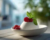 Délicieuse panna cotta blanche, garnie de framboises fraîches et d'une feuille de menthe, sur une table en bois.
