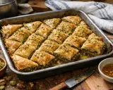 Un plateau de baklava maison, doré et croustillant, garni de pistaches concassées. Une délicieuse recette de baklava à partager.