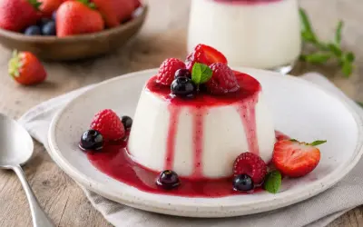 Panna cotta, un dessert italien dont l'origine remonte au début du XXe siècle, servi avec un coulis de fruits rouges et des baies fraîches.
