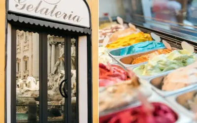 Devant une gelateria romaine, des bacs de glaces italiennes aux couleurs vives invitent à la dégustation.