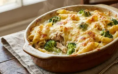 Un plat de cuisson gratin de pâtes fumant, garni de brocolis et de fromage doré, prêt à être dégusté.