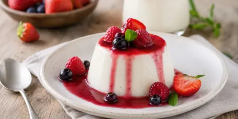 Panna cotta, un dessert italien dont l'origine remonte au début du XXe siècle, servi avec un coulis de fruits rouges et des baies fraîches.