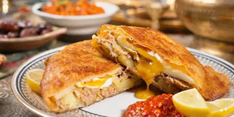 Un délicieux brick à l'oeuf, garni de thon et de pommes de terre, coule de sa sauce onctueuse. Servi avec du citron et une sauce piquante.