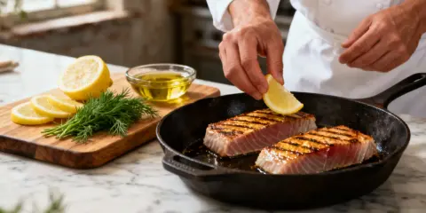 Un chef ajoute une tranche de citron sur du thon frais grillé dans une poêle. Une recette simple et savoureuse.
