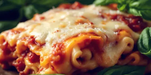 Lasagnes gratinées au fromage fondant, prêtes à être réchauffer au four. Une touche de basilic frais pour parfaire ce plat réconfortant.