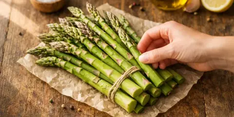 Un bouquet d'asperges vertes fraîches, prêt pour une délicieuse recette. Huile d'olive, citron et ail en arrière-plan.