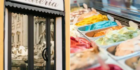 Devant une gelateria romaine, des bacs de glaces italiennes aux couleurs vives invitent à la dégustation.