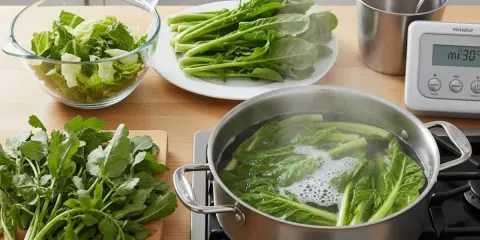 Préparation pour la cuisson d'épinards frais. Des légumes verts bouillonnent dans une casserole, d'autres attendent sur une assiette et une planche à découper.