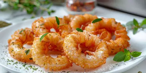 Anneaux d'encornet croustillants, dorés à la perfection. La cuisson encornet réussie pour un délice croquant, garni d'herbes fraîches.