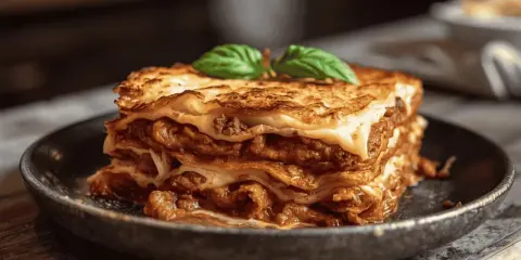 Une part de lasagne à la béchamel, garnie de feuilles de basilic, prête à être dégustée.