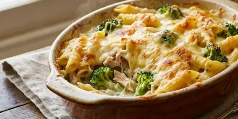 Un plat de cuisson gratin de pâtes fumant, garni de brocolis et de fromage doré, prêt à être dégusté.