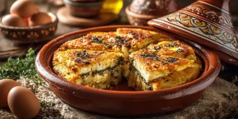 Un délicieux tajine tunisien aux couches savoureuses, servi dans un plat en terre cuite orné. Des œufs frais et des herbes complètent cette scène culinaire.