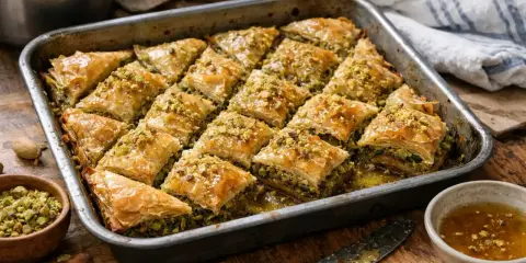 Un plateau de baklava maison, doré et croustillant, garni de pistaches concassées. Une délicieuse recette de baklava à partager.