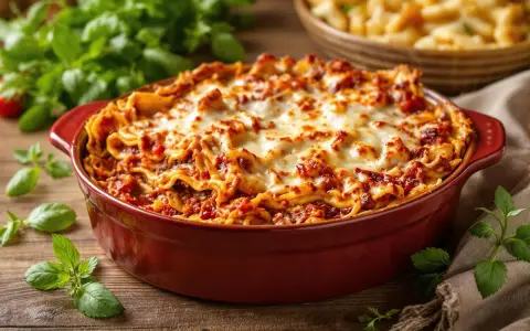 Un plat de lasagne gratinée, parfait pour 8 personnes, avec des feuilles de basilic frais.