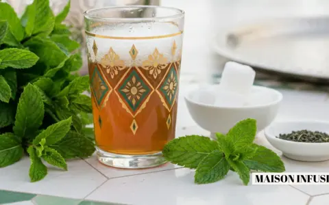 Un verre orné de motifs dorés et verts contient du thé marocain, accompagné de menthe fraîche, de sucre en morceaux et de feuilles de thé.