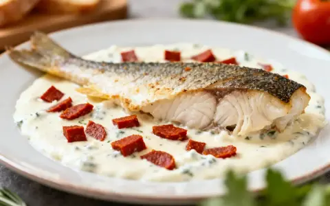 Dos de cabillaud nacré, sauce crémeuse, dés de chorizo et herbes sur une assiette blanche.