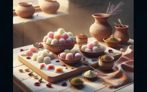 Douceurs colorées, idéales pour une loukoum recette. Pistaches, pétales de rose et poteries d'argile complètent cette scène gourmande.
